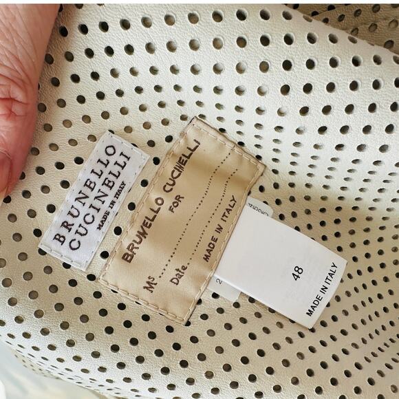 NWT Brunello Cucinelli Tan Cream Laser Cut 100% Leather Bomber Jacket 48 / XL - Picture 12 of 16